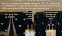 Sentium, Continuum and Novicium bottles in front of a wine cellar rack