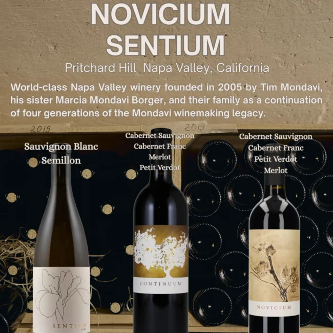 Sentium, Continuum and Novicium bottles in front of a wine cellar rack
