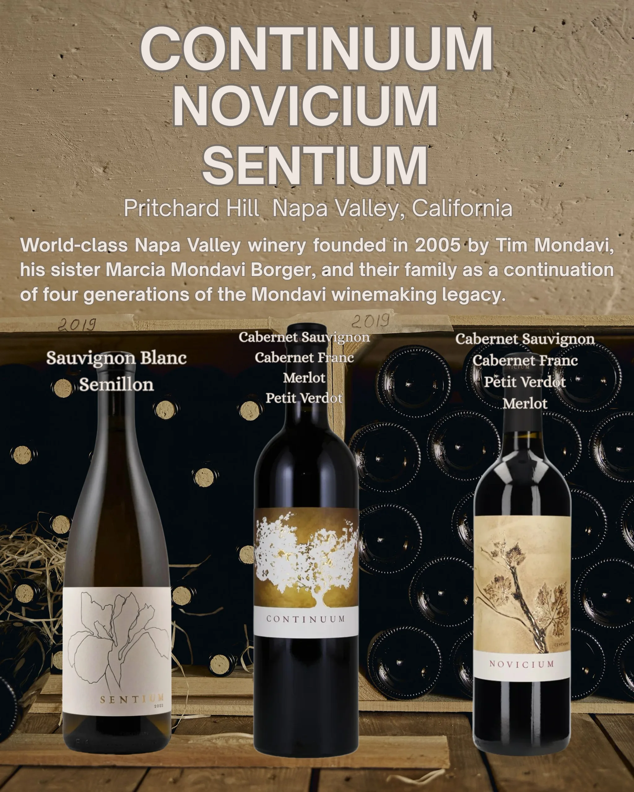 Sentium, Continuum and Novicium bottles in front of a wine cellar rack